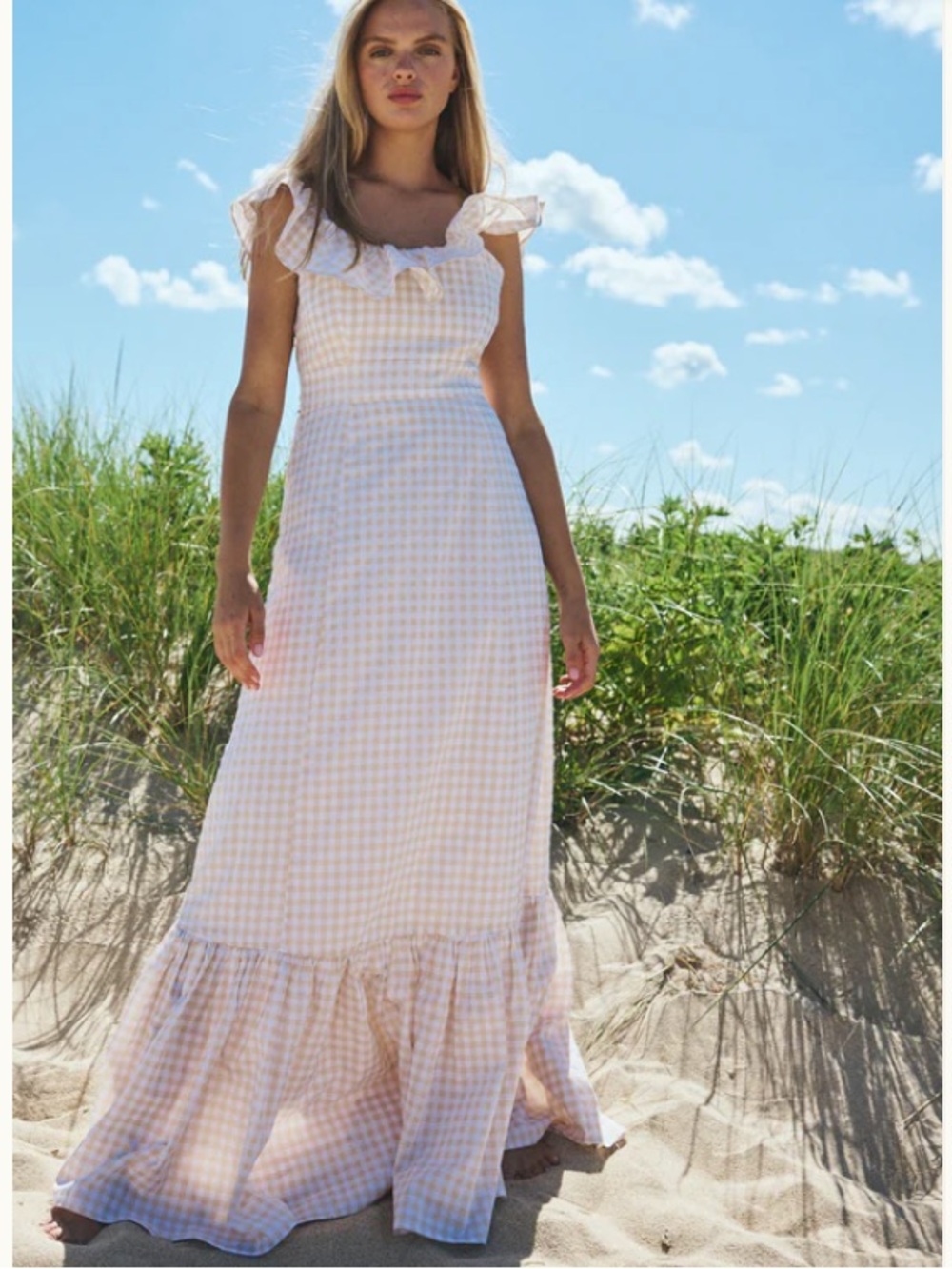 LOUISE NEW YORK Camille Dress in Tan Gingham Maxi Cotton
